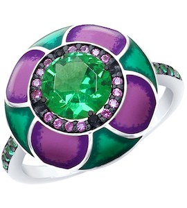 Кольцо из серебра с эмалью с зелёным ситаллом и зелеными и сиреневыми фианитами 92011698