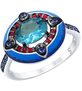 Кольцо из серебра с эмалью с синим ситаллом и красными и синими фианитами 92011699