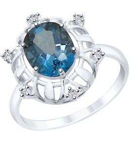 Кольцо из серебра с синим топазом и фианитами 92011781
