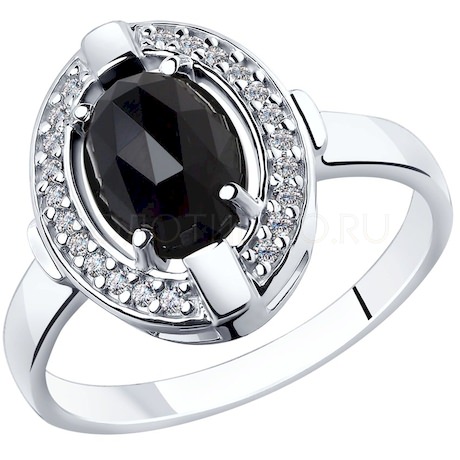 Кольцо из серебра с чёрным агатом и фианитами 92011798