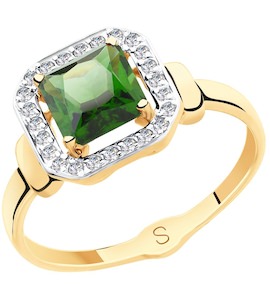 Кольцо из золота с зелёным ситаллом и фианитами 715413