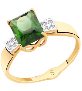 Кольцо из золота с зелёным ситаллом и фианитами 715415