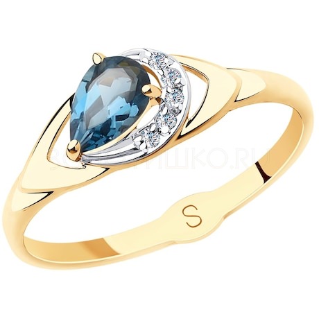 Кольцо из золота с синим топазом и фианитами 715623