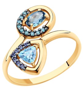 Кольцо из золота с голубым и синим топазами и фианитами 715697