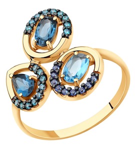 Кольцо из золота с голубым и синими топазами и фианитами 715698