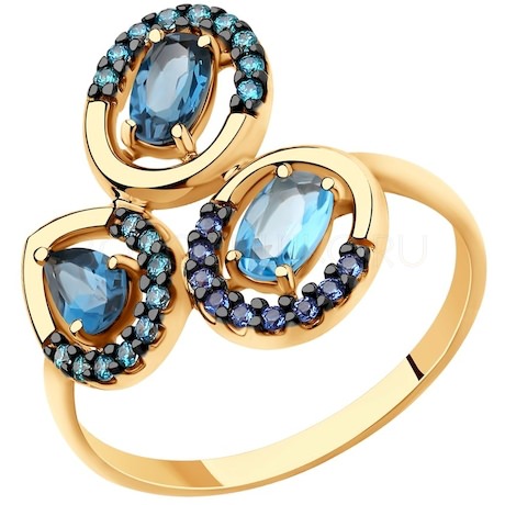 Кольцо из золота с голубым и синими топазами и фианитами 715698
