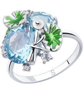 Кольцо из серебра с эмалью и голубыми ситаллами и фианитами 92011829