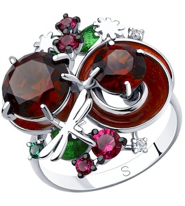 Кольцо из серебра с эмалью и красными ситаллами и фианитами 92011874