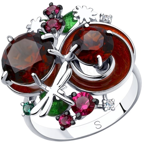 Кольцо из серебра с эмалью и красными ситаллами и фианитами 92011874