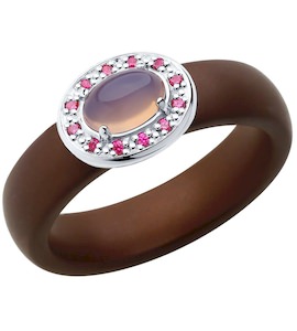 Кольцо из серебра с розовым агат (синт.), коричневыми керамическими вставками и красными корунд (синт.) 92011892