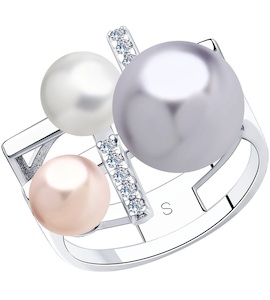 Кольцо из серебра с белым, розовым и сиреневым жемчугом Swarovski и фианитами 94013074