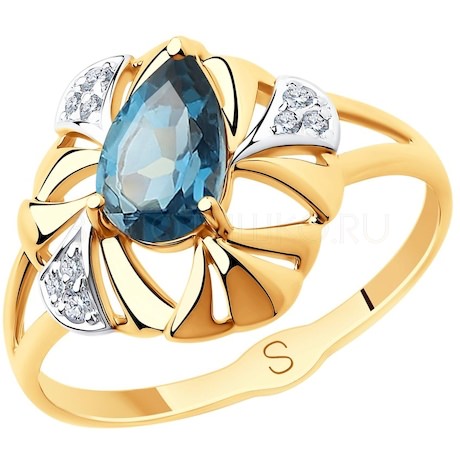 Кольцо из золота с синим топазом и фианитами 715704