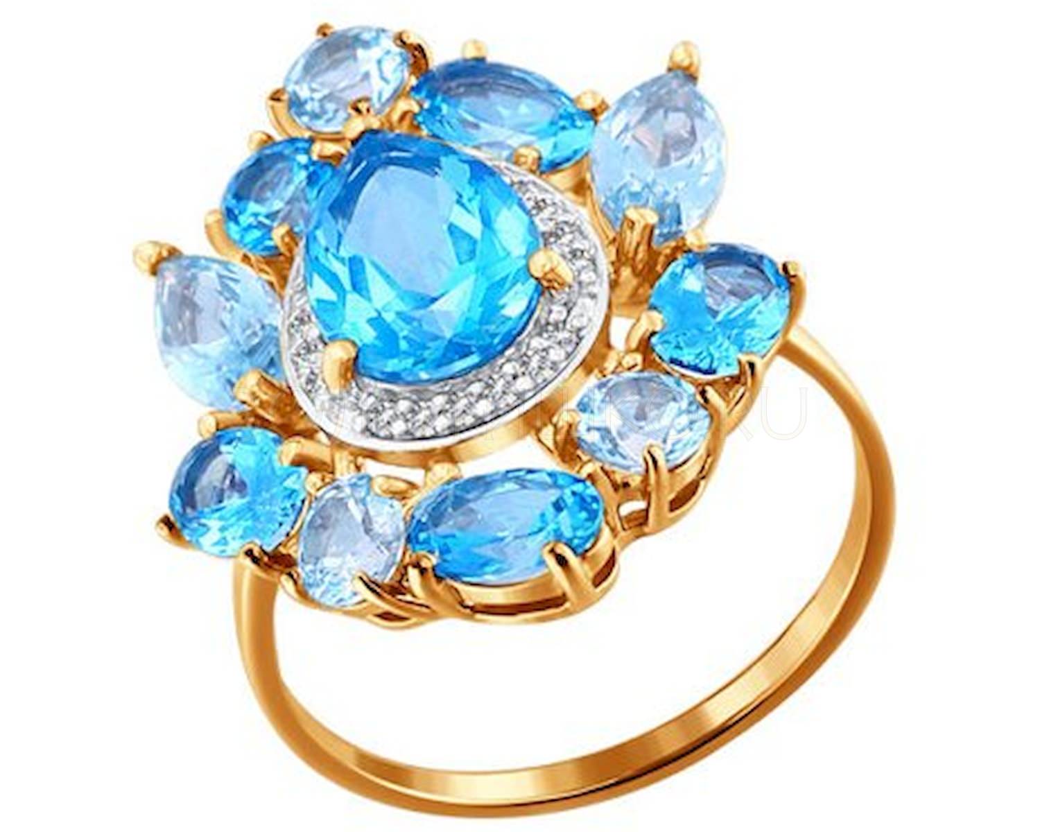 Золотое кольцо с голубым камнем фото