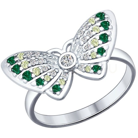 Кольцо из серебра с бесцветными и зелеными фианитами 94012582