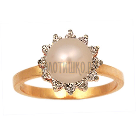 Золотое кольцо с жемчугом культивированным и бриллиантом (n) 1_00198