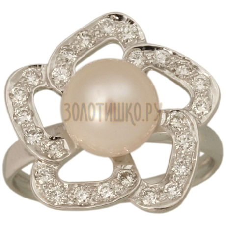 Кольцо из белого золота с жемчугом культивированным и бриллиантами 1_00616