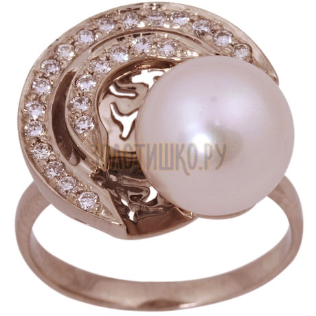Кольцо из белого золота с жемчугом культивированным и бриллиантами 1_00654