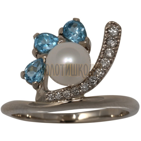 Кольцо из белого золота с жемчугом культивированным, бриллиантами и топазом 1_01254