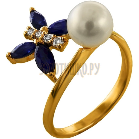 Золотое кольцо с жемчугом культивированным, бриллиантами и сапфиром 1_01373
