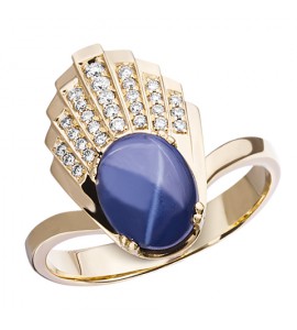 Золотое кольцо с сапфиром звездчатым и бриллиантами