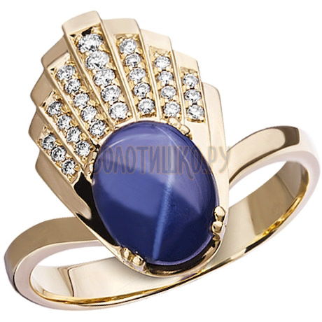 Золотое кольцо с сапфиром звездчатым и бриллиантами 1_02195