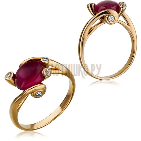 Золотое кольцо с рубиным стеклянный и бриллиантами 1_02481