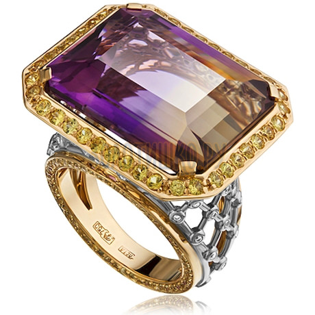 Золотое кольцо с аметрином, бриллиантами и сапфиром 1_02489