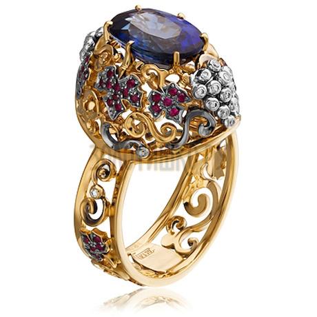 Золотое кольцо с сапфиром, бриллиантами и рубином 1_02589